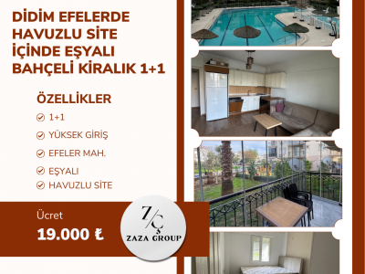 DİDİM EFELERDE HAVUZLU SİTE İÇİNDE EŞYALI BAHÇELİ KİRALIK 1+1 